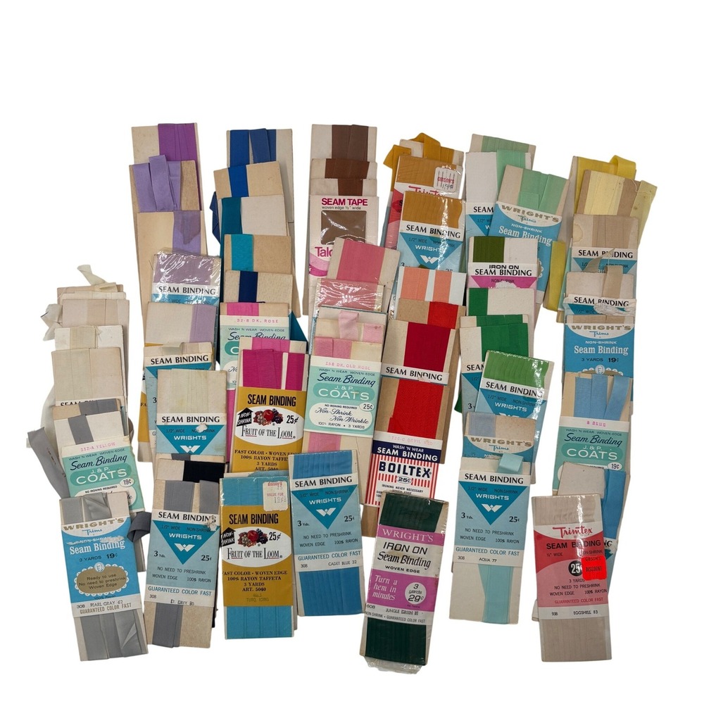 Vtg 60 Packs Seam Binding Bias Tape TrimTex Coats BoilTex Wrights Gibsons 1960's